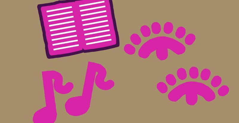 Animatie van muzieknoten, een boek en twee ogen