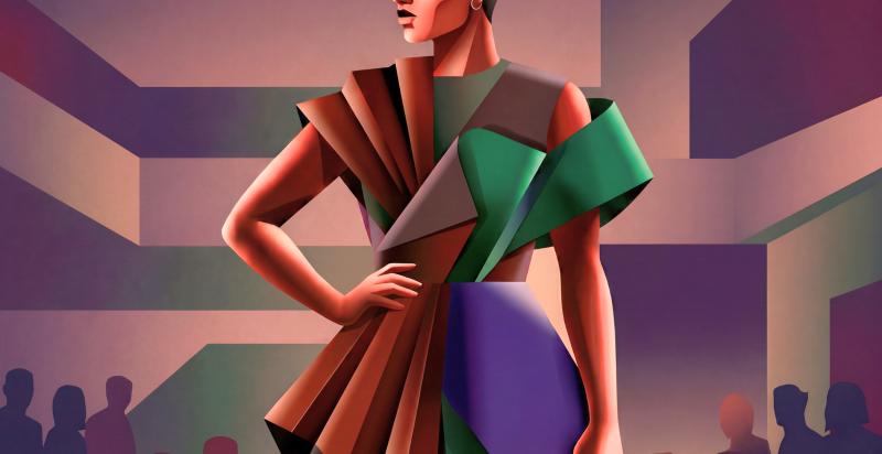 Illustratie van een model op een catwalk in een geometrische, kleurrijke outfit, met silhouetten van publiek op de achtergrond.
