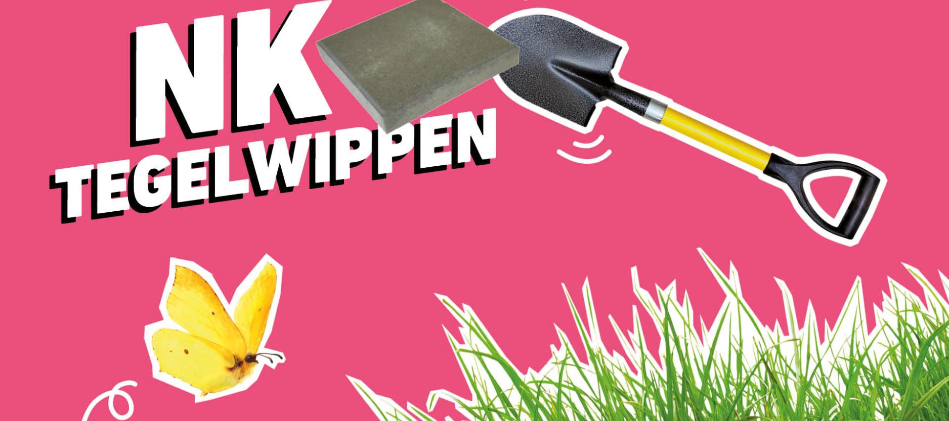 Animatie met de tekst 'NK Tegelwippen' tegen een roze achtergrond met daaromheen een schop, stoeptegel, vlinder en grasveld