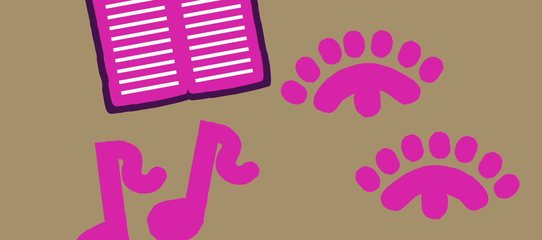 Animatie van muzieknoten, een boek en twee ogen