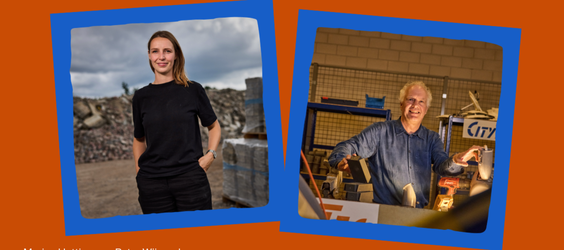 Portretten van Marins en Peter op een oranje achtergrond met blauwe accenten