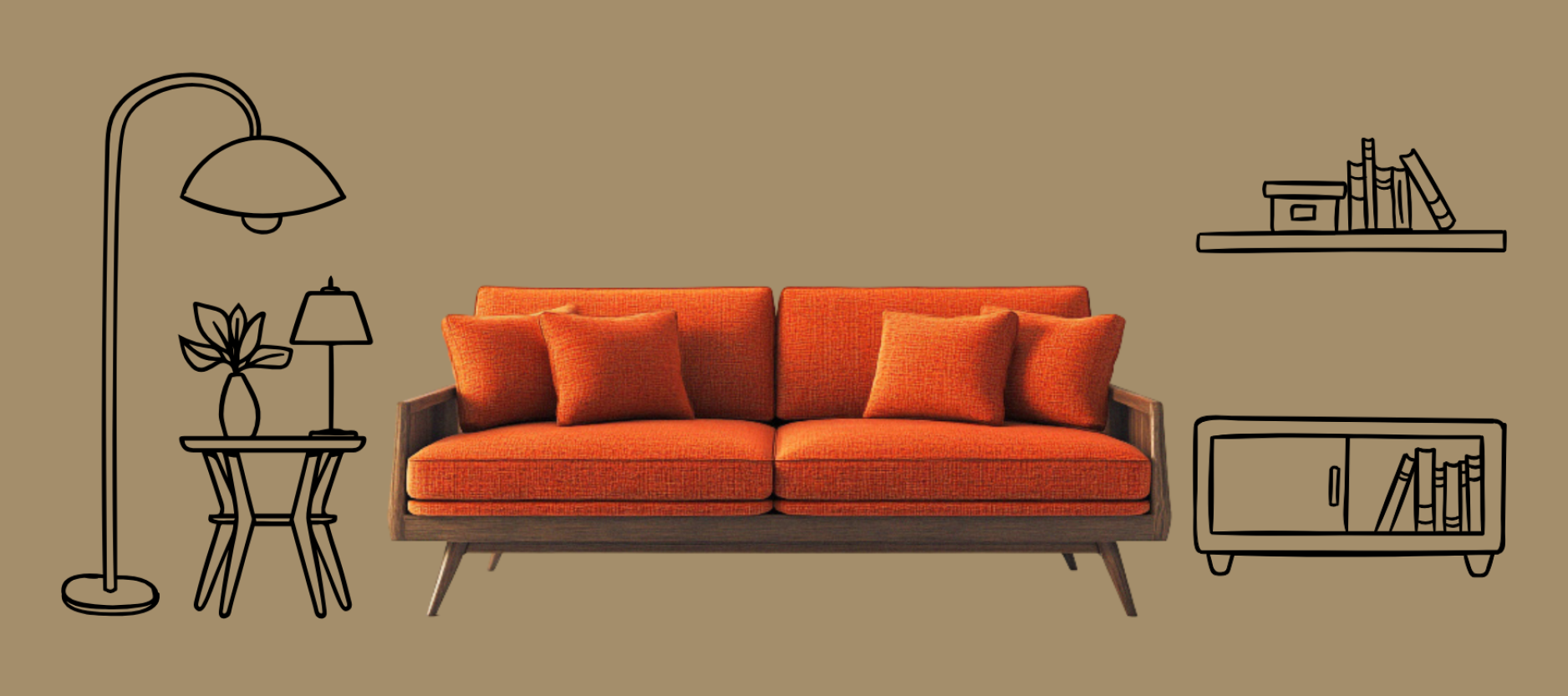 Een afbeelding van een oranje bank met daar omheen illustraties van diverse meubels